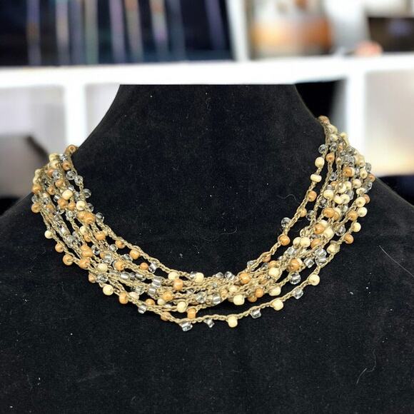 Multi Strand Beaded Choker Necklace Crochet Wire Cream Pearl Crystal Boho 23" - Picture 6 of 6